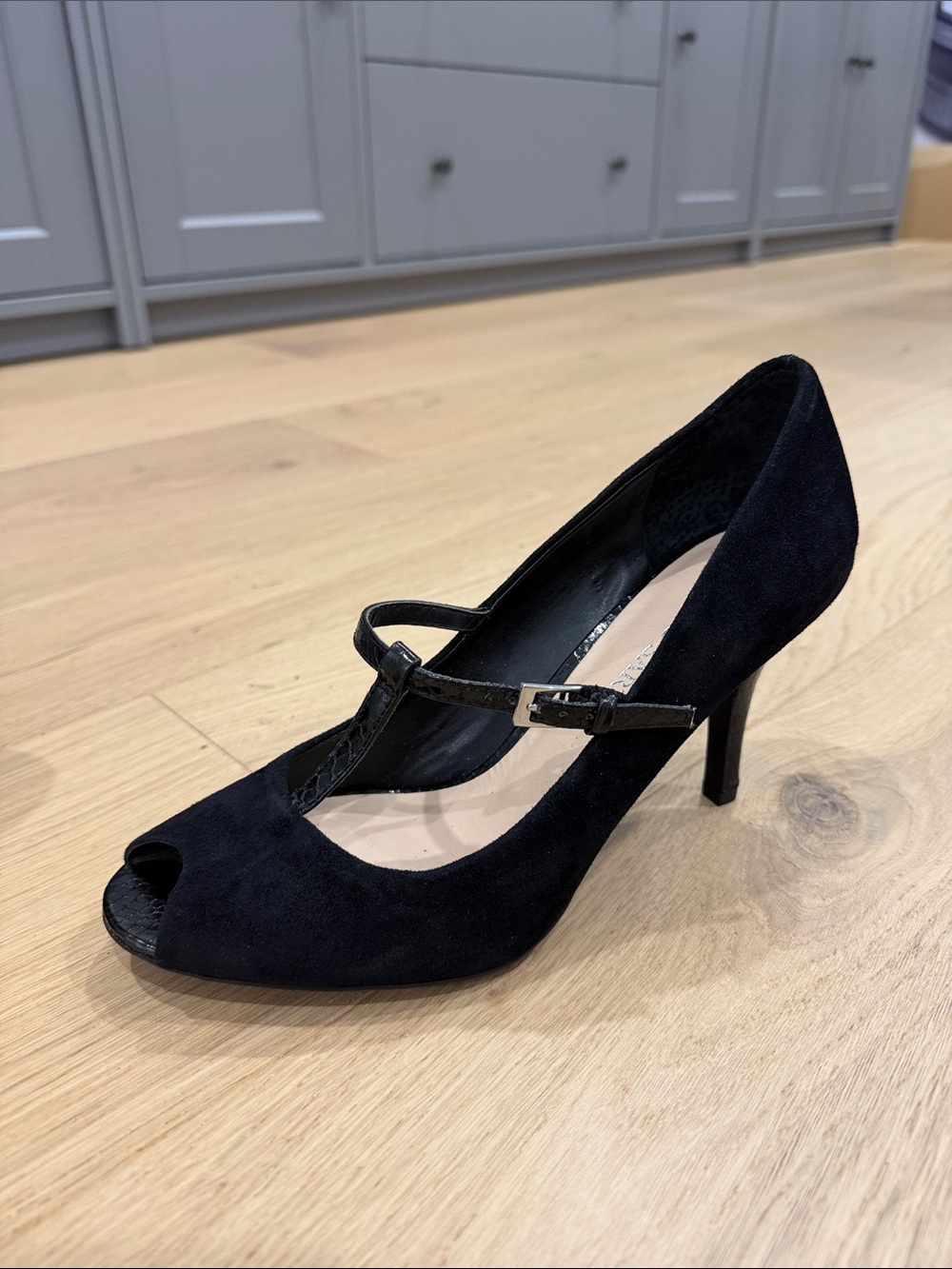Franco Sarto Black Suede Peep-Toe Mary Jane Heels